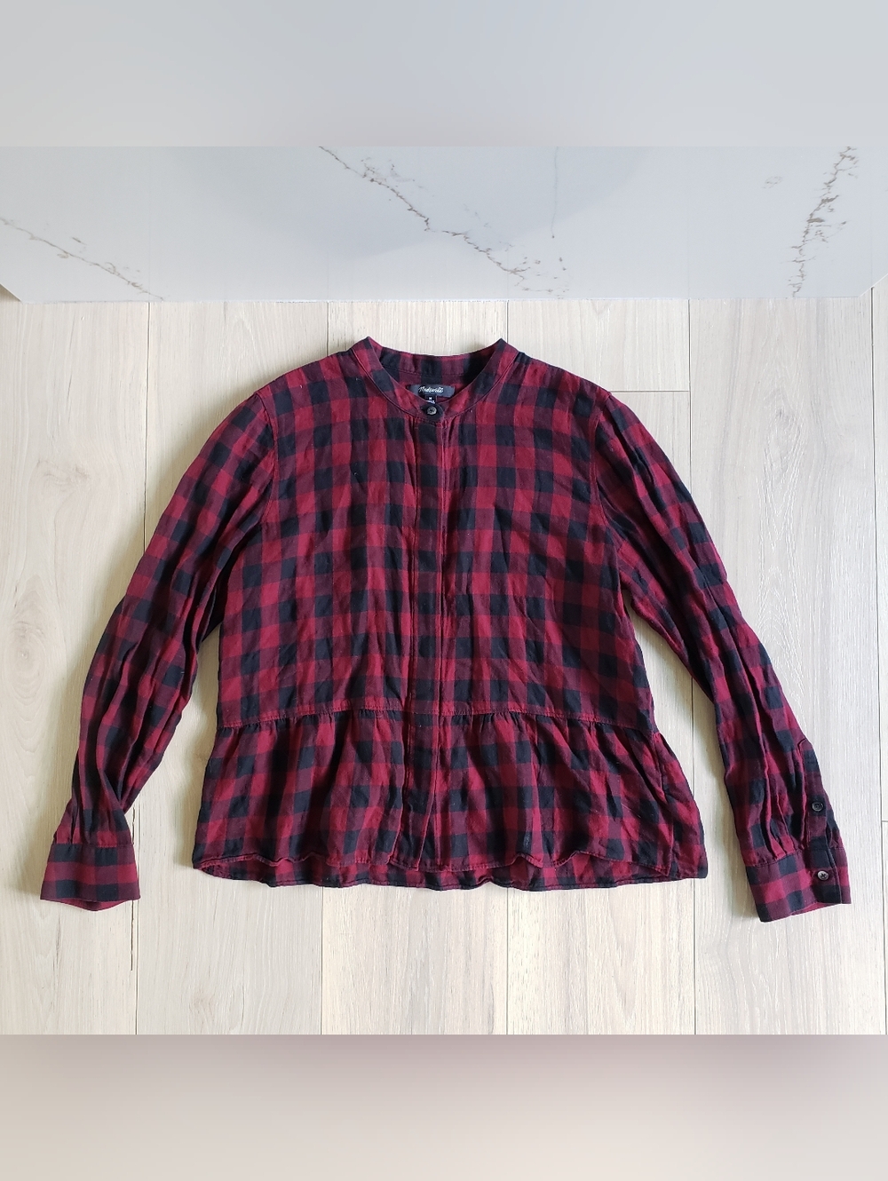 Red and Black Buffalo Plaid Peplum Button-Front Top